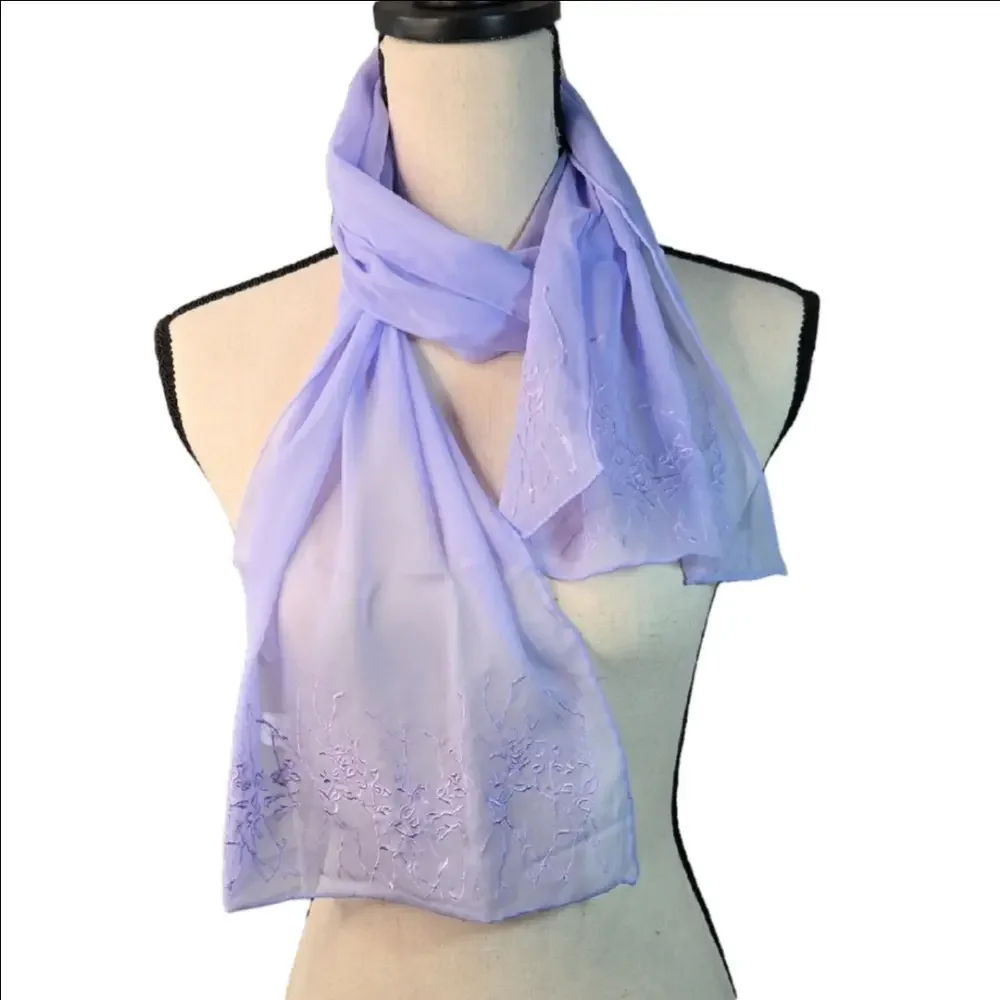 NIB Lavender Floral Embroidered Silk Sheer Scarf Exclusive